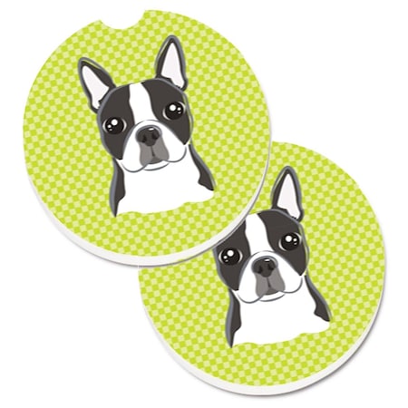 Carolines Treasures Lime Checkered Boston Terrier  Cup Holder Car Coaster, PK2 BB1139CARC
